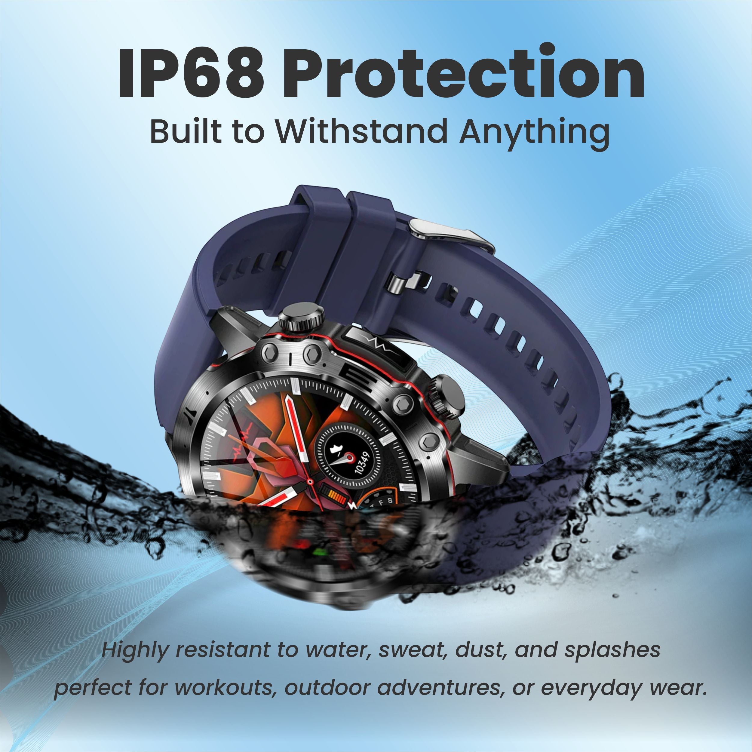 Life watch with IP68 protection, fully water, sweat, and dust resistant.