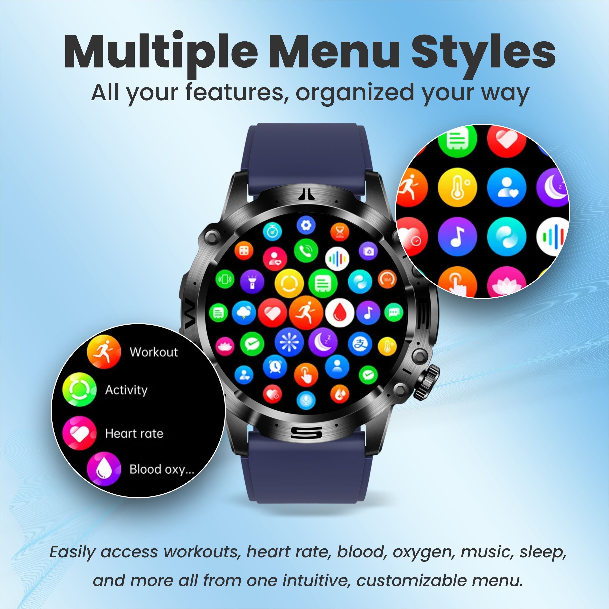 Life watch customizable menu styles with multiple icon layouts.