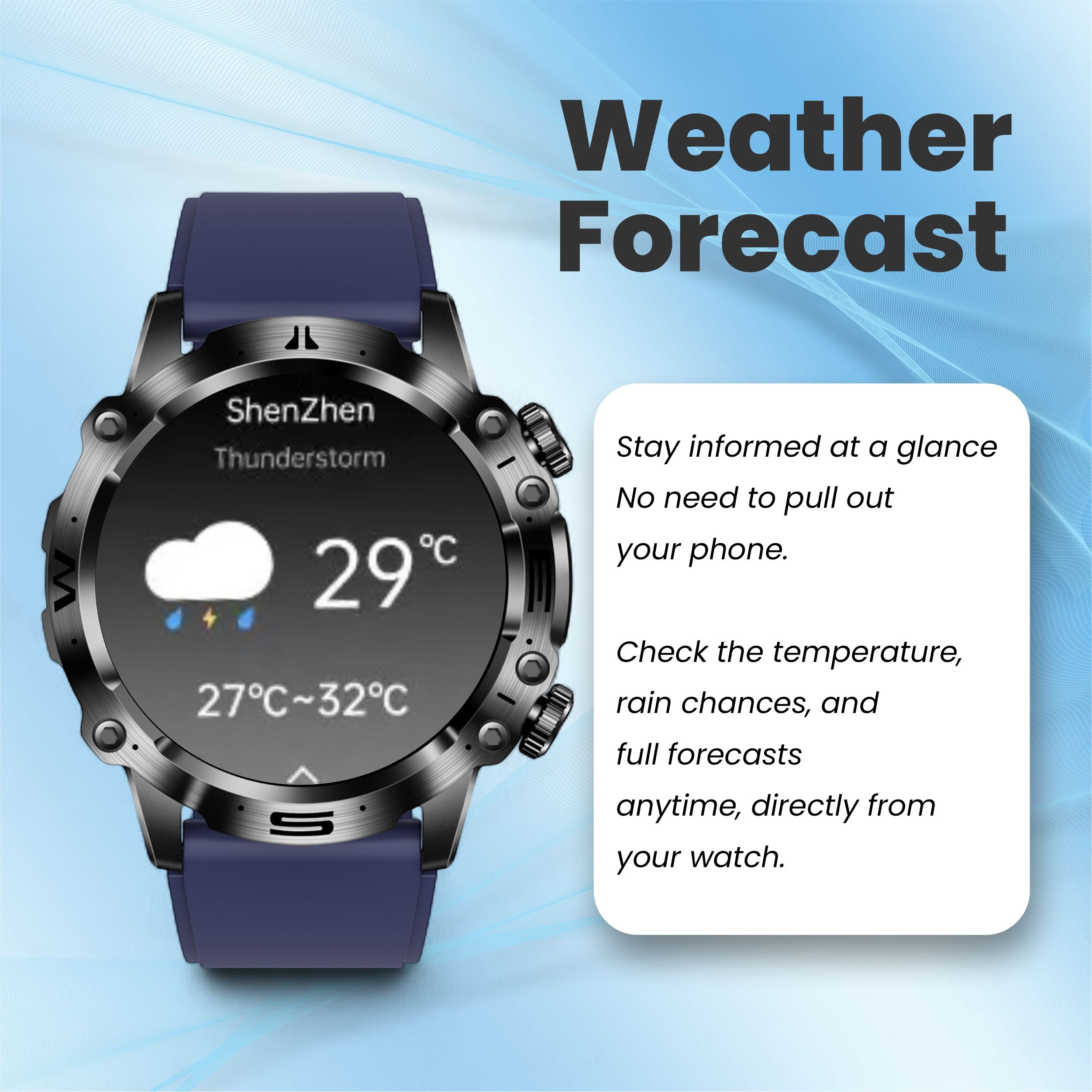 Life watch weather forecast feature showing temperature and conditions.