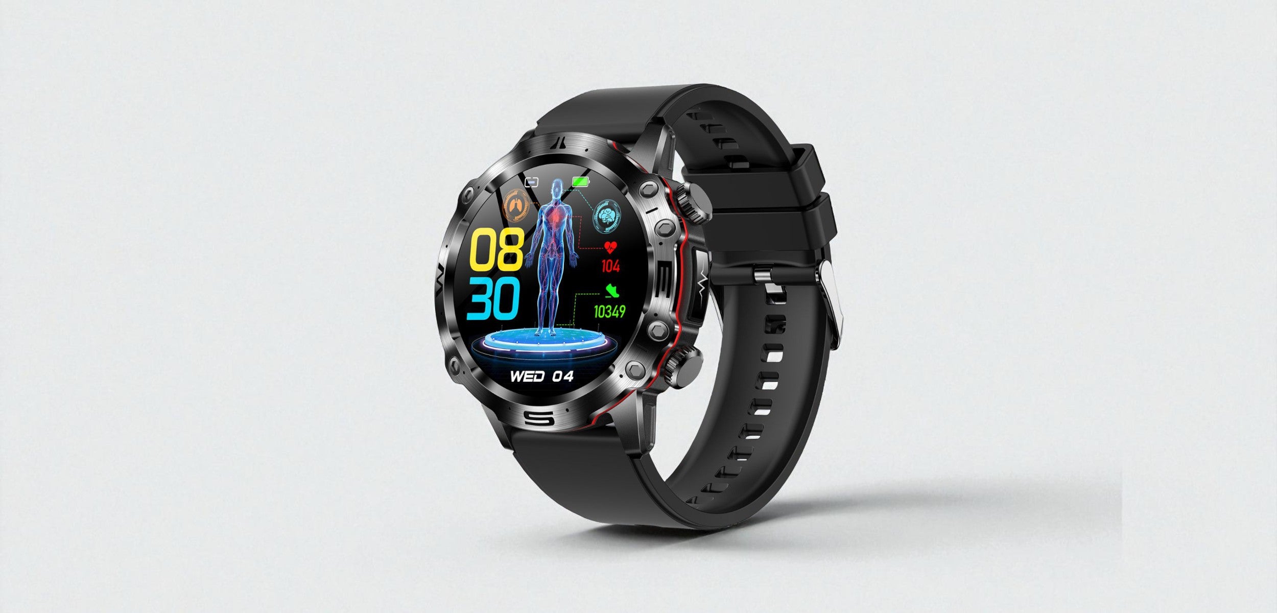 LifeWatch Pro smartwatch showing HD touchscreen, alloy frame, strap, and side buttons with feature hotspots.