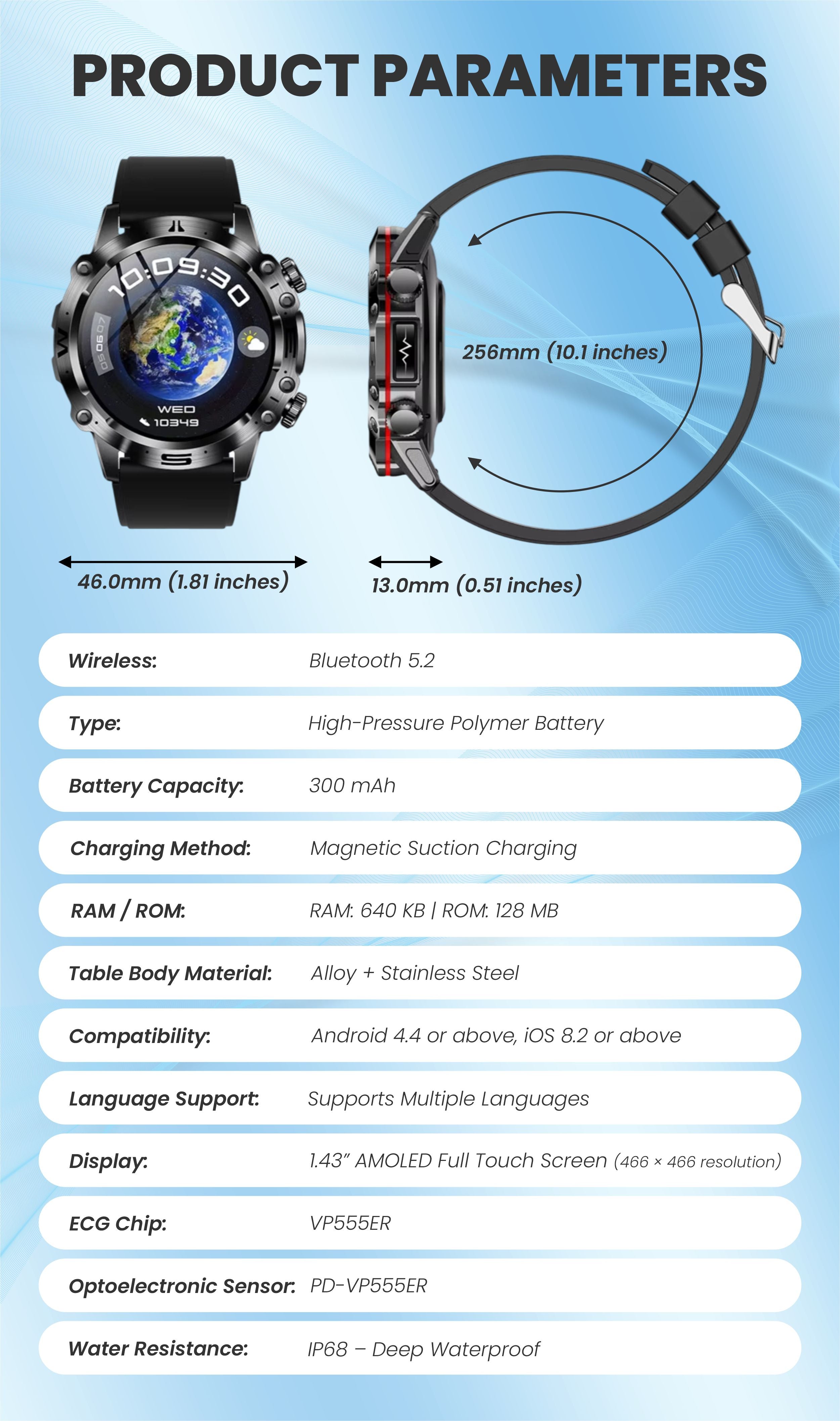 Life Watch Pro smartwatch technical specifications including size, battery, display, water resistance, and features.