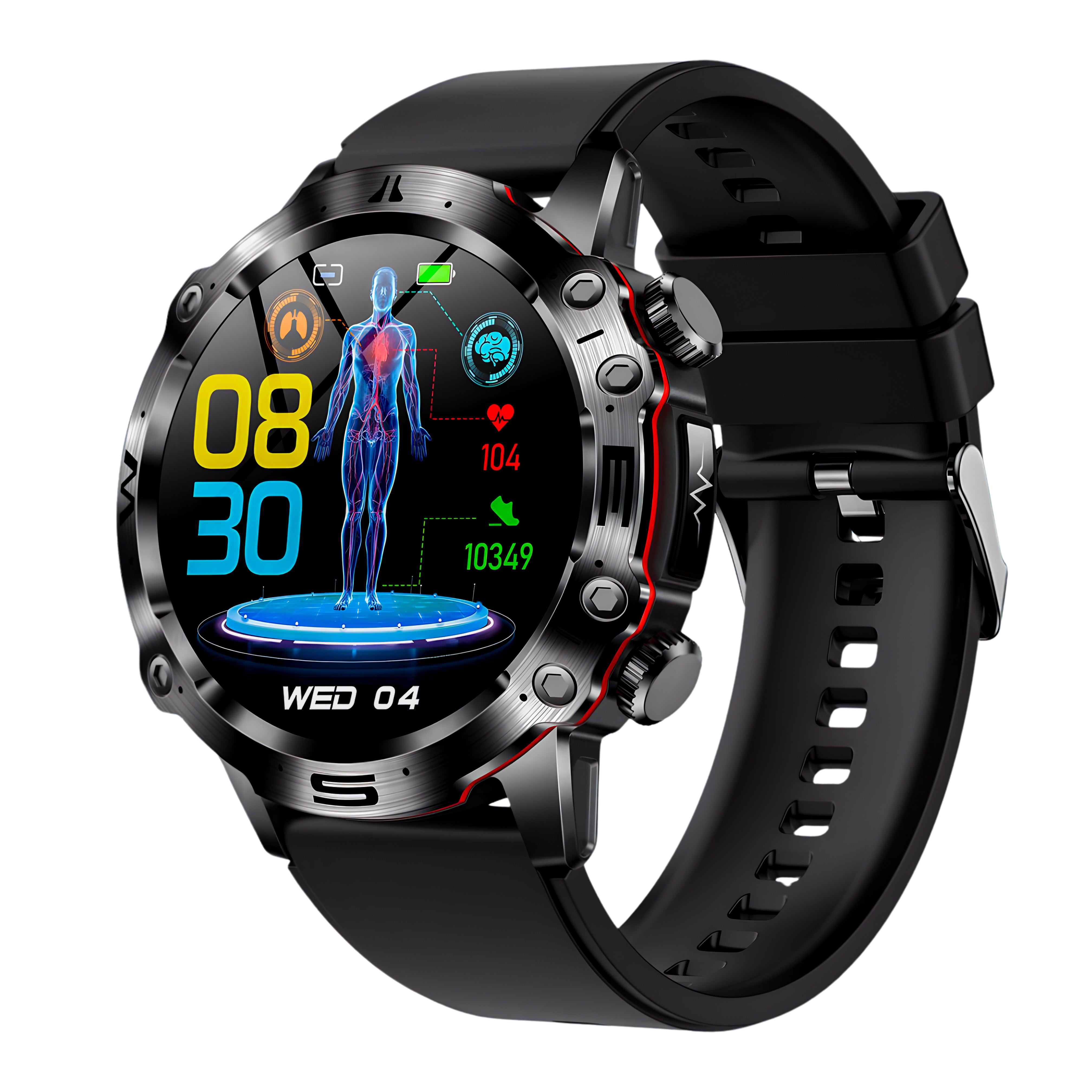 Life Watch Pro smartwatch with AI health tracking and rugged black band on white background.
