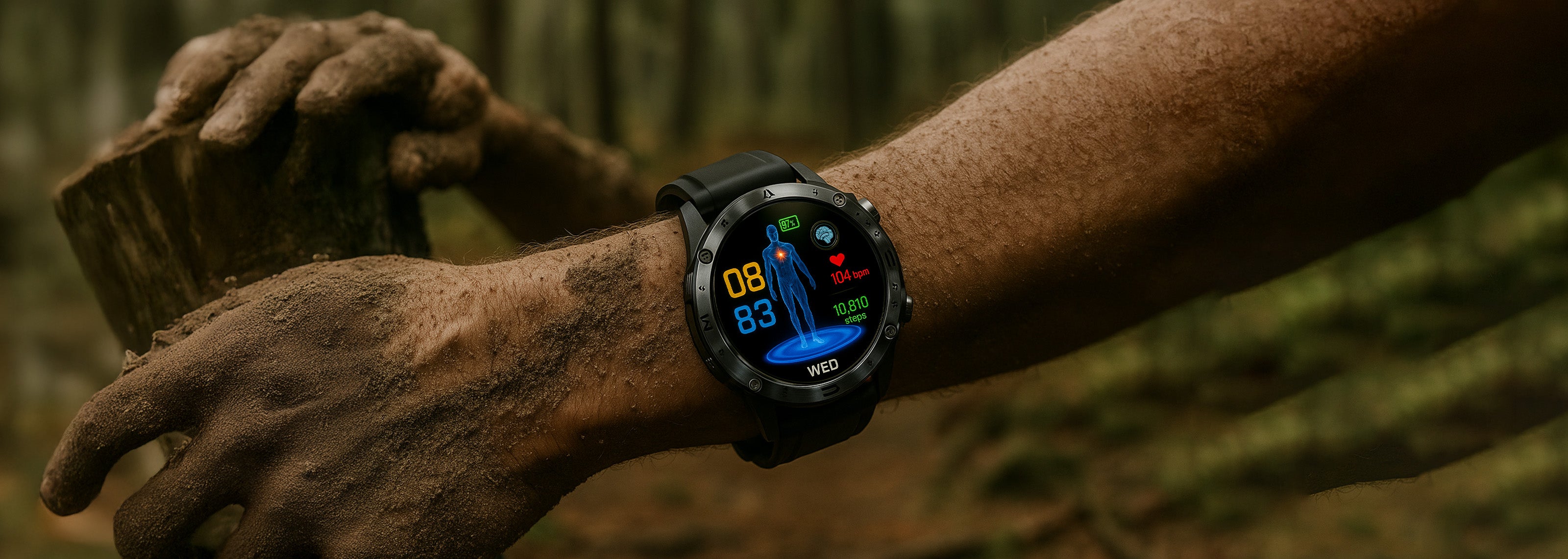 Life Watch Pro smartwatch on a person’s wrist, showing the health monitoring display in an outdoor setting.