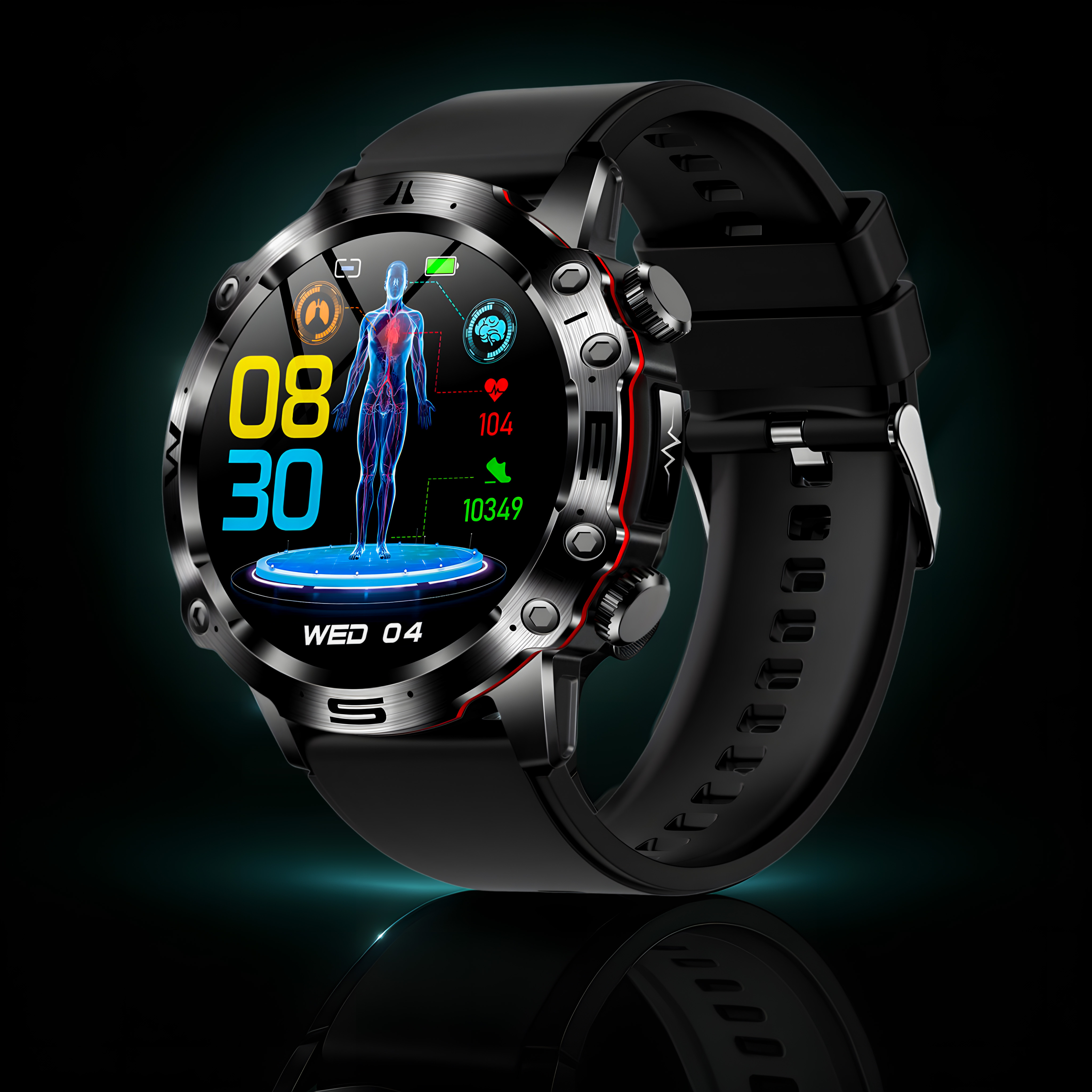 Life Watch Pro rugged AI health-tracking smartwatch with illuminated display on black background.