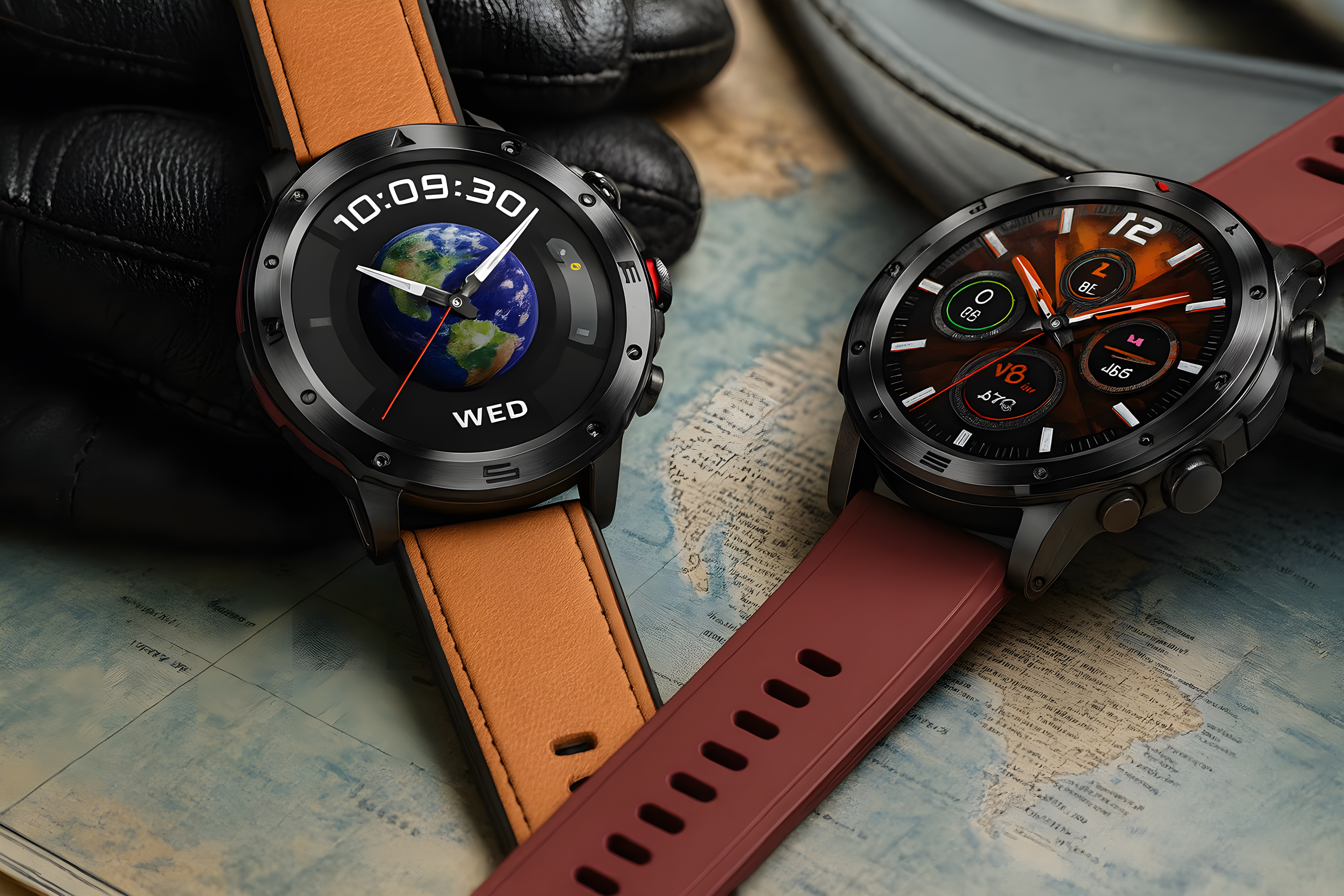 Rugged smartwatches on a leather background showing fitness tracking data, ideal for outdoor and health monitoring.